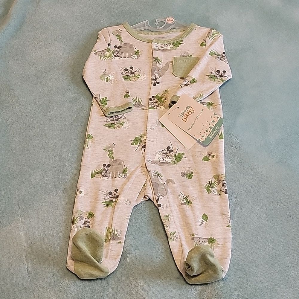 Disney Mickey Safari onsie with footies 0-3 months. Gray & Green